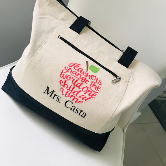 Bag Cotton Canvas Tote Zipper Closure Front Pocket Personalized