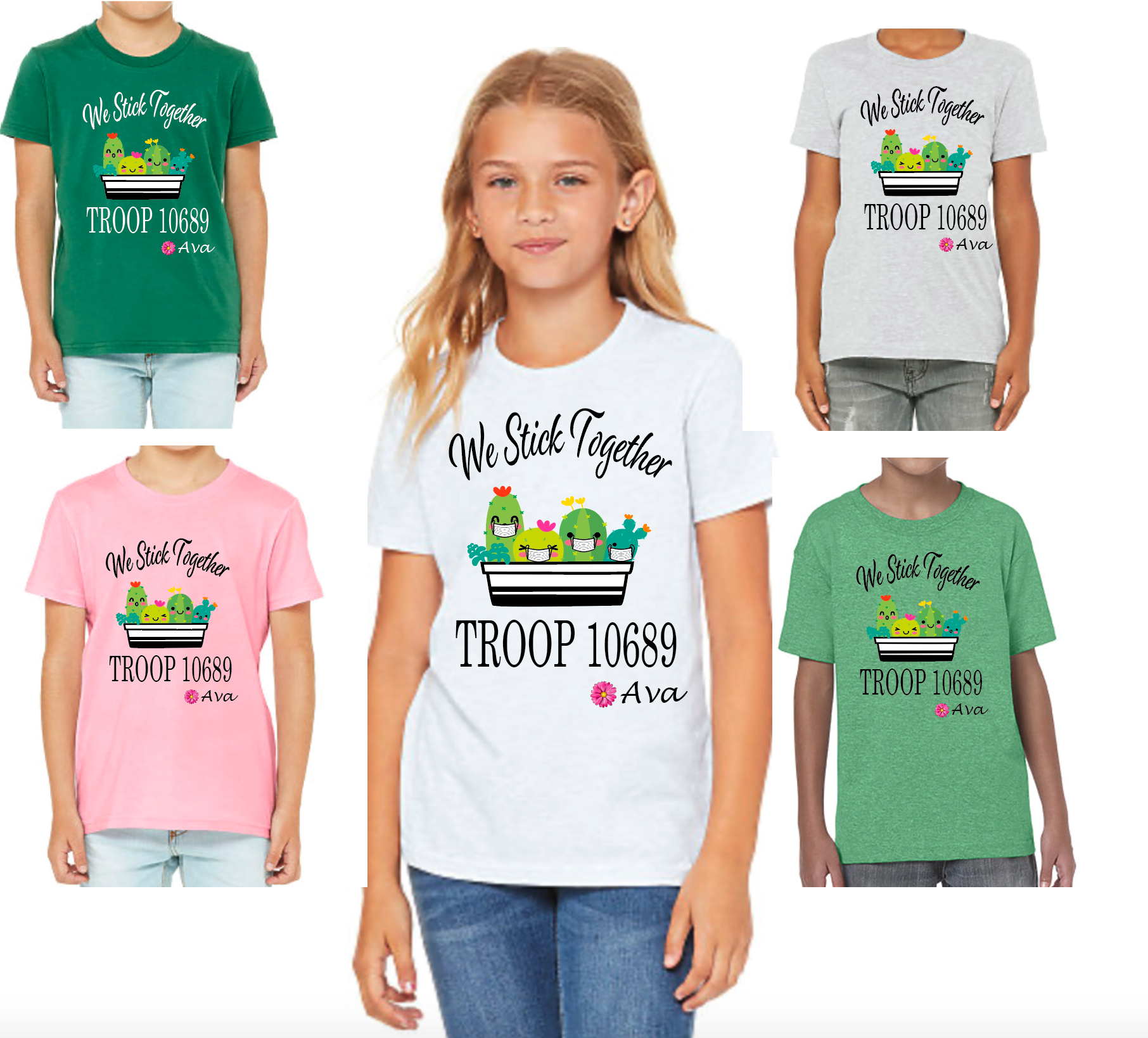 The cutest colorful Girl Scout Tees ! Personalized with troop number , masks or no masks and name   Cactus can be with or without masks - please note in personalization section when you check out   We stick together tee with names and troop number personalized on each shirt