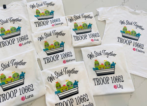 The cutest colorful Girl Scout Tees ! Personalized with troop number , masks or no masks and name   Cactus can be with or without masks - please note in personalization section when you check out   We stick together tee with names and troop number personalized on each shirt