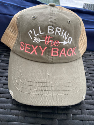 I'll Bring The" party hat customized embroidered and personalized for what you want to bring distressed trucker hats  Edit alt text