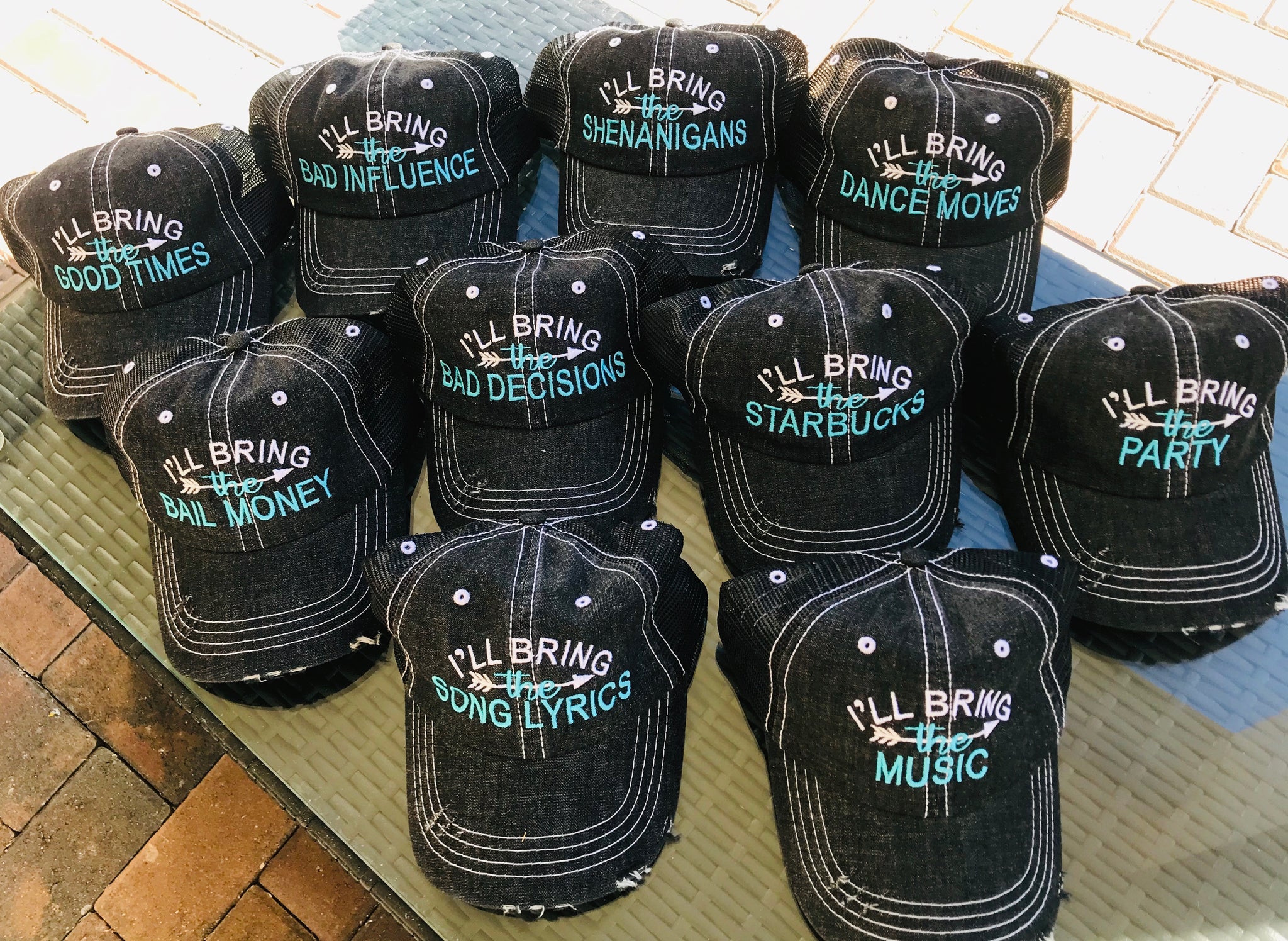 I'll Bring The" party hat customized embroidered and personalized for what you want to bring distressed trucker hats  Edit alt text