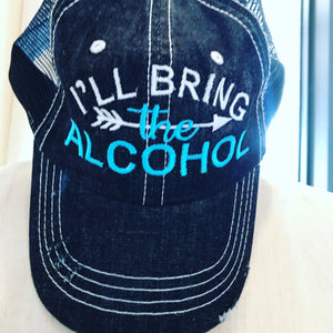 I'll Bring The" party hat customized embroidered and personalized for what you want to bring distressed trucker hats  Edit alt text