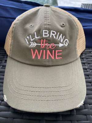 I'll Bring The" party hat customized embroidered and personalized for what you want to bring distressed trucker hats  Edit alt text