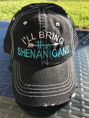 I'll Bring The" party hat customized embroidered and personalized for what you want to bring distressed trucker hats  Edit alt text