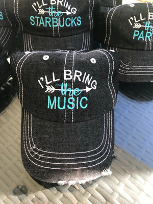 I'll Bring The" party hat customized embroidered and personalized for what you want to bring distressed trucker hats  Edit alt text