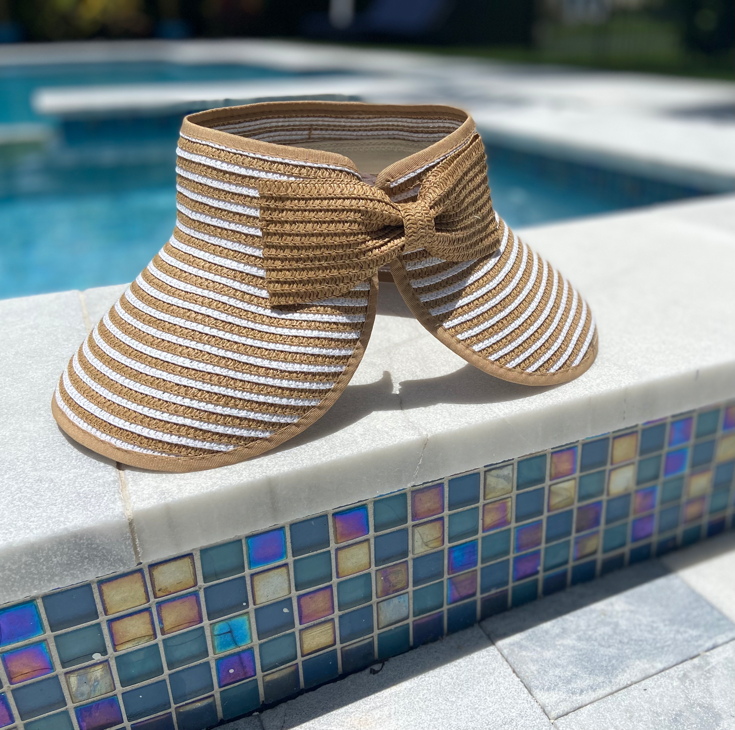 Hat Bow Brim Visor Monogramed Personalized SPF 50 Striped Sand White