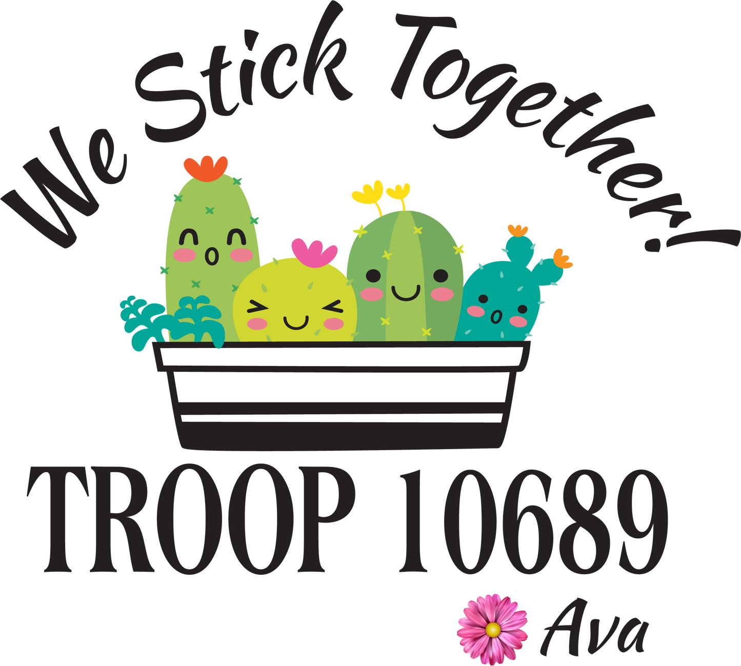 The cutest colorful Girl Scout Tees ! Personalized with troop number , masks or no masks and name   Cactus can be with or without masks - please note in personalization section when you check out   We stick together tee with names and troop number personalized on each shirt